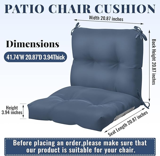 Geetery Outdoor Chair Cushions Set of 4 for Patio Lawn Furniture Wicker Rocking Dining Chairs 42x21x4 Inch High Back Seat Pads Replacement with Ties Weather-Resistant Fade-Resistant Indoor(Blue Gray)