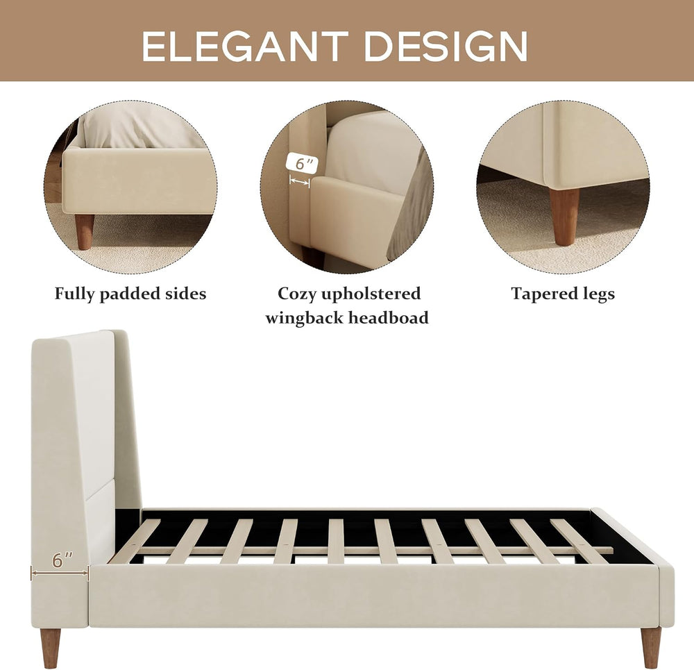 Merax King Size Velvet Bed Frame with Wingback Headboard, Upholstered Platfor...
