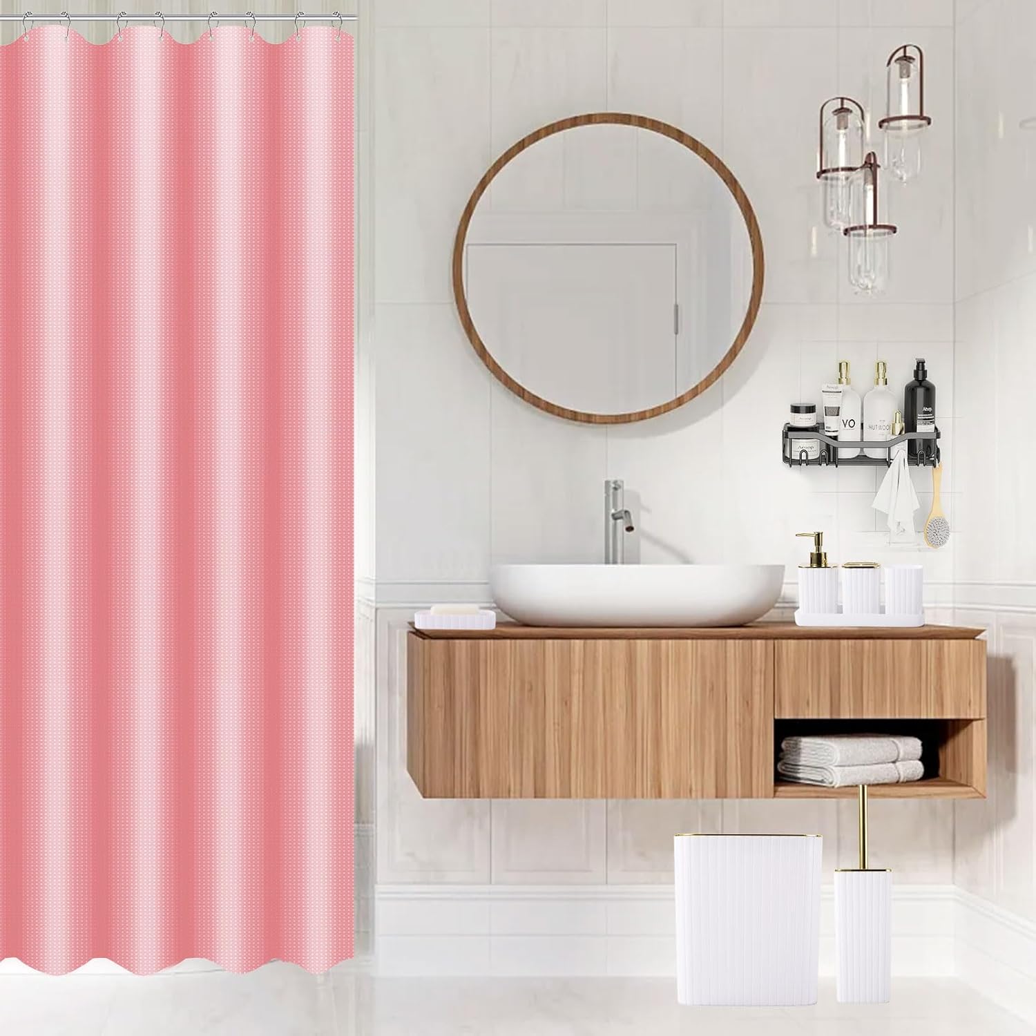 Bathroom Accessories Set - Gorgeous Bathroom Set, 28PC White Bathroom Accessory Set, Shower Curtain with 5PC Adhesive Corner Shower Caddy Hanging, Toilet Brush, Trash Can & Soap Dispenser