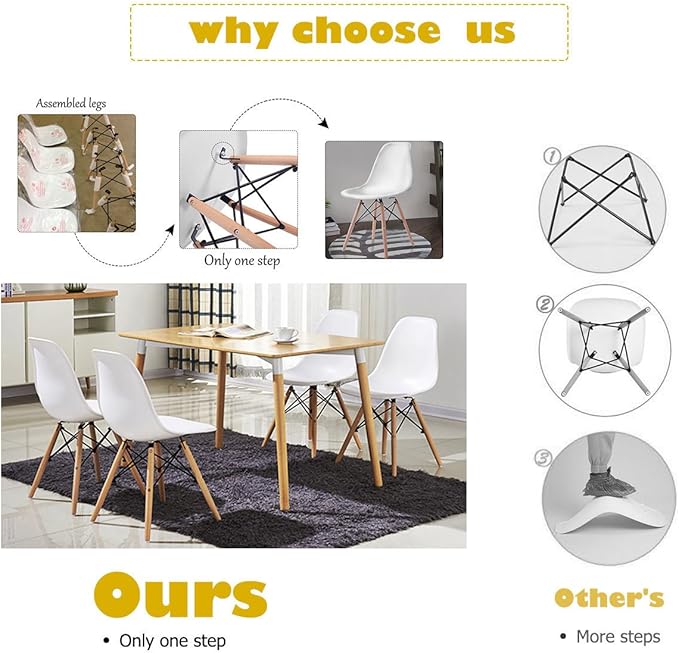 COSTWAY Dinning Chair Set of 4, Mid Century Modern Eiffel DSW Style Shell Molded Plastic Chair for Kitchen, Dining, Living Room, Bedroom, Lounge Side Chairs with Wood legs, White