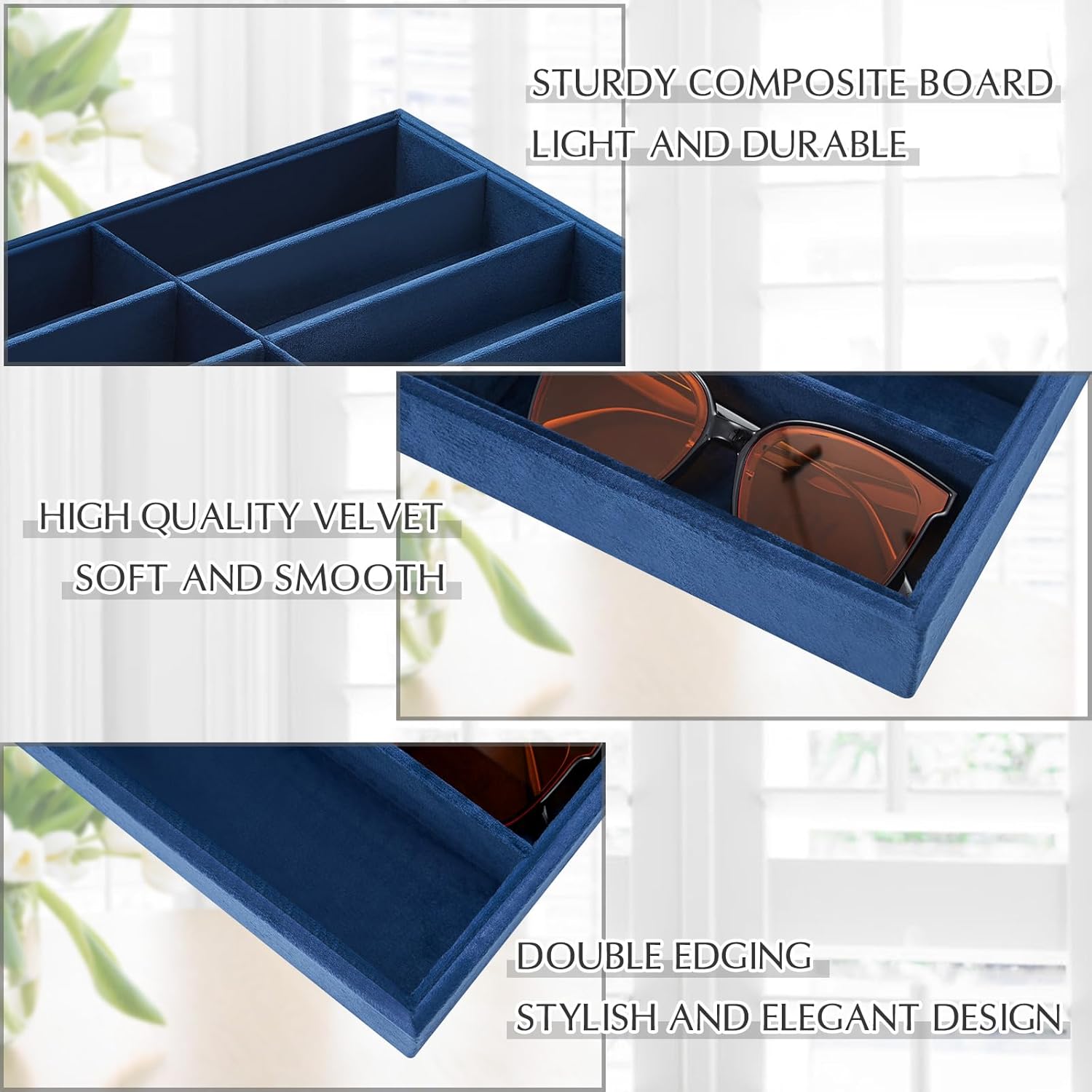 Amylove 2 Pcs Sunglass Organizer Trays Glasses Stackable Jewelry Trays Sunglass Organizer Display Box(8 Grids,Navy Blue)