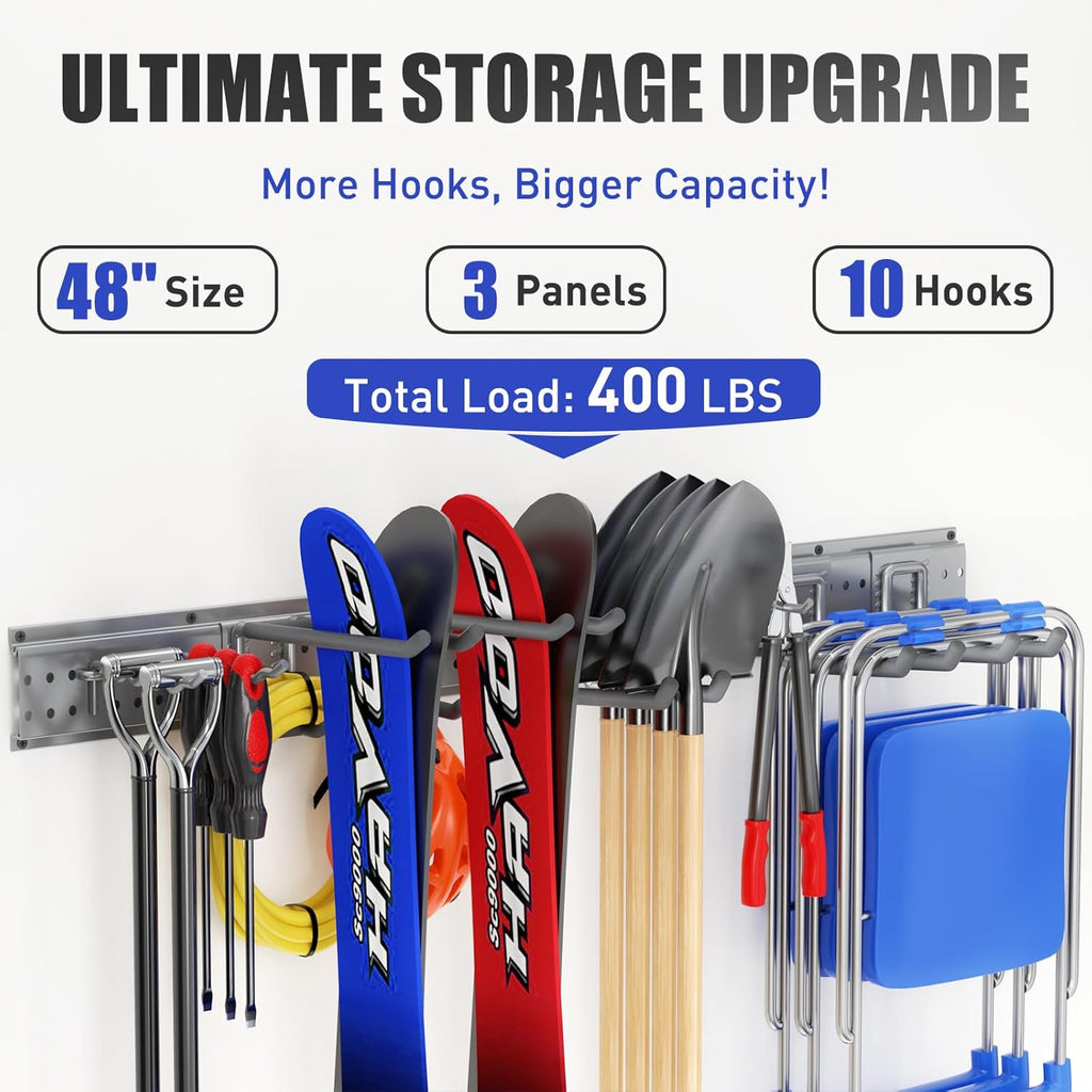 Garage Tool Organizer Wall Mount 48 inches with 10 Adjustable Heavy-Duty Hooks, Garage Organization, Garden Tool Storage Rack, Yard, and Shed, Holds Up to 400 lbs (Grey)