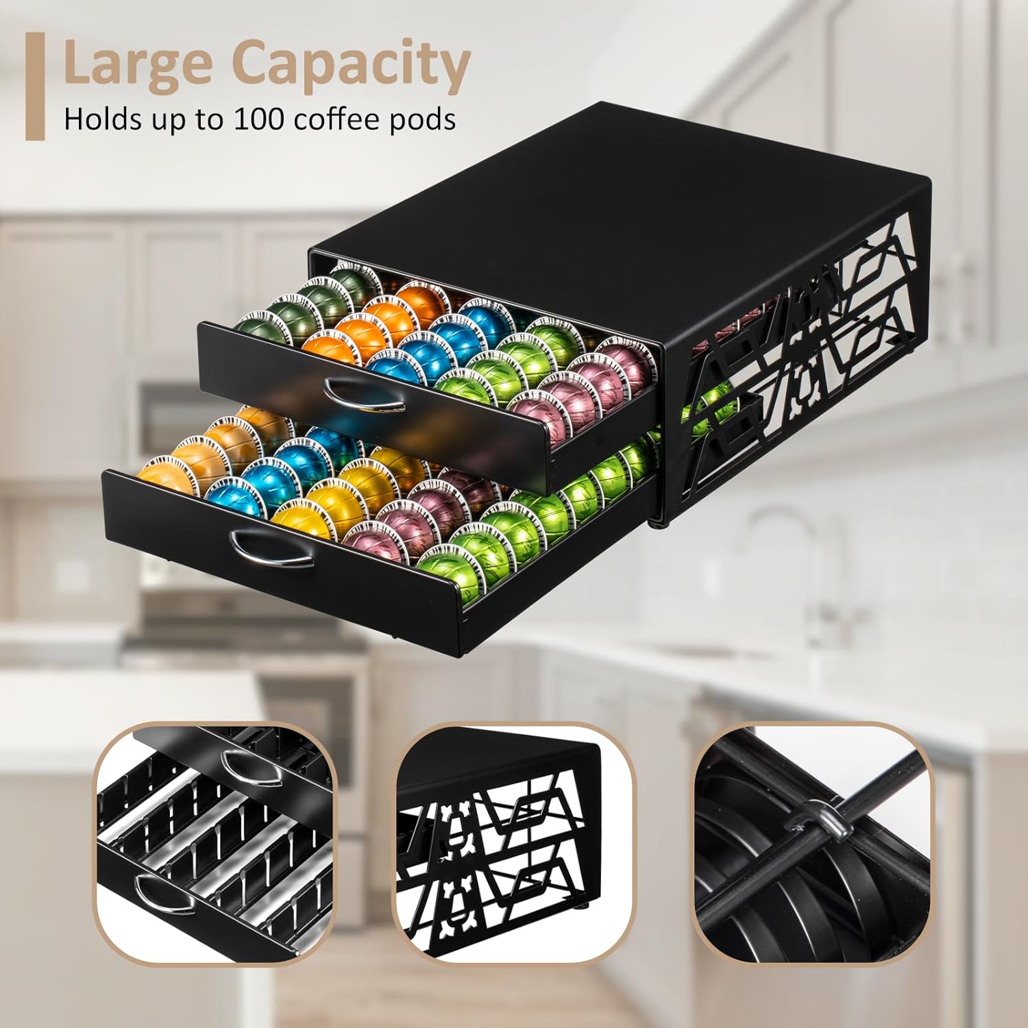 ZCDCP 2-Tier 100-Capacity Vertuo Pod Organizer for Nespresso - Space-Saving Coffee Capsule Drawer Storage System for Fits All Vertuo Pods