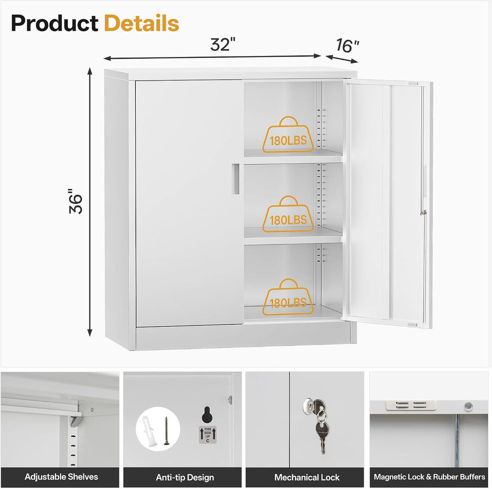 Metal Storage Cabinets，36" H White Metal Cabinet with Doors and 2 Adjust...