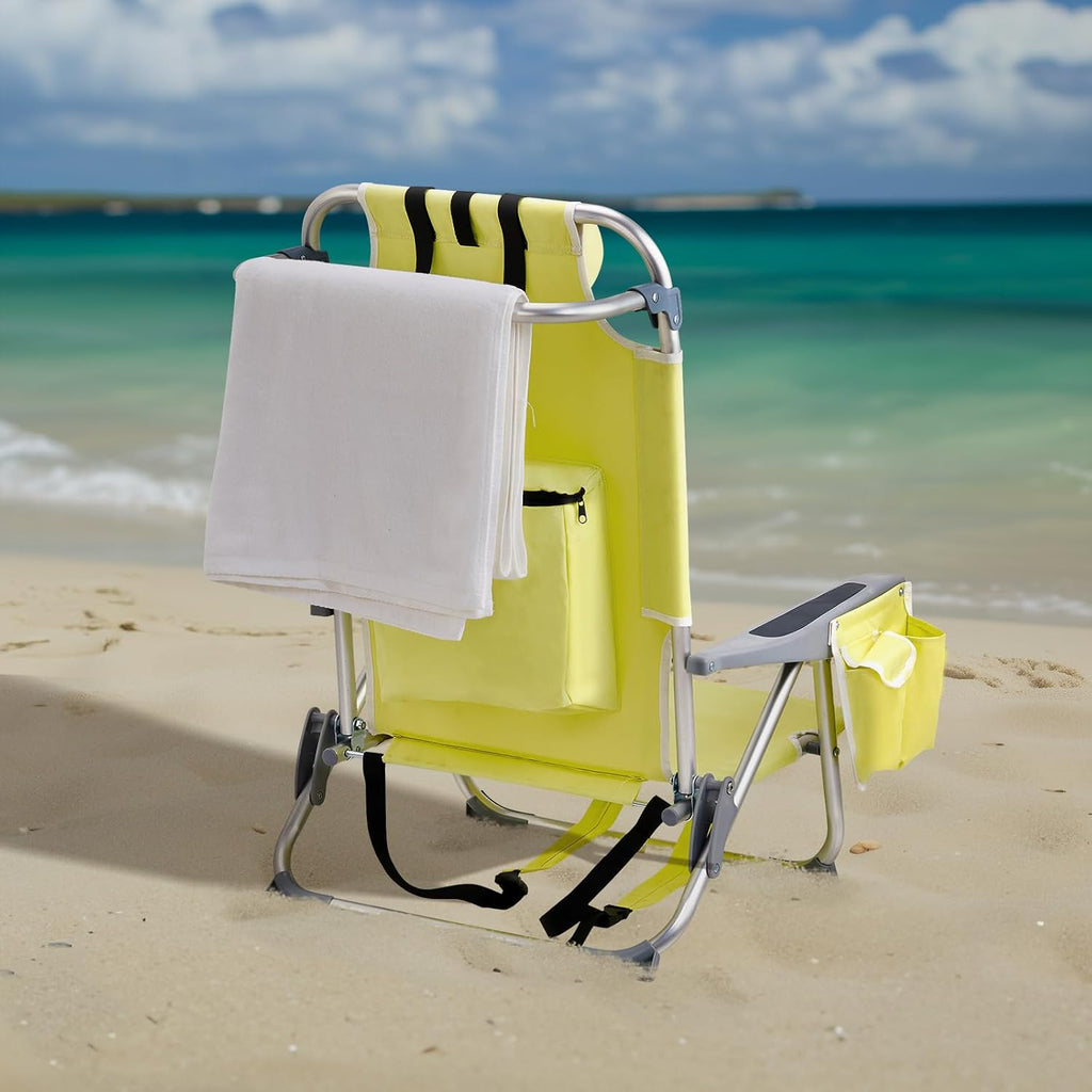Aluminum Beach Chair Oxford Fabric 100kg Capacity Khaki | Seat Height 20.1 cm, 19.7" x 16.5" Seat, Silver Aluminum Frame, Lightweight Portable, Outdoor Use