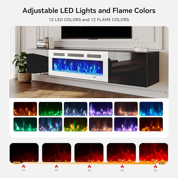 MXV 70'' Floating TV Stand, Modern Media Entertainment Center with 36" Electric Fireplace, TV Console Cabinet Wall Mounted, Adjustable 12-Color LED Lights, for Living Room, Black + White