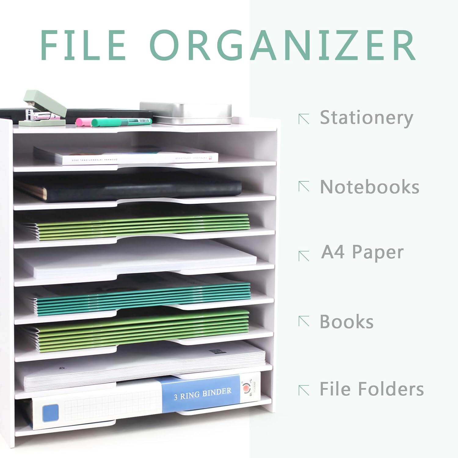 SONGWAY File Organizer for Desk - 9 Tier Wide Document Holder, Letter Mail Tray Storage Rack, File Sorter Organizer, Paper Storage Holder, Desktop Organizer for Home Office School, White