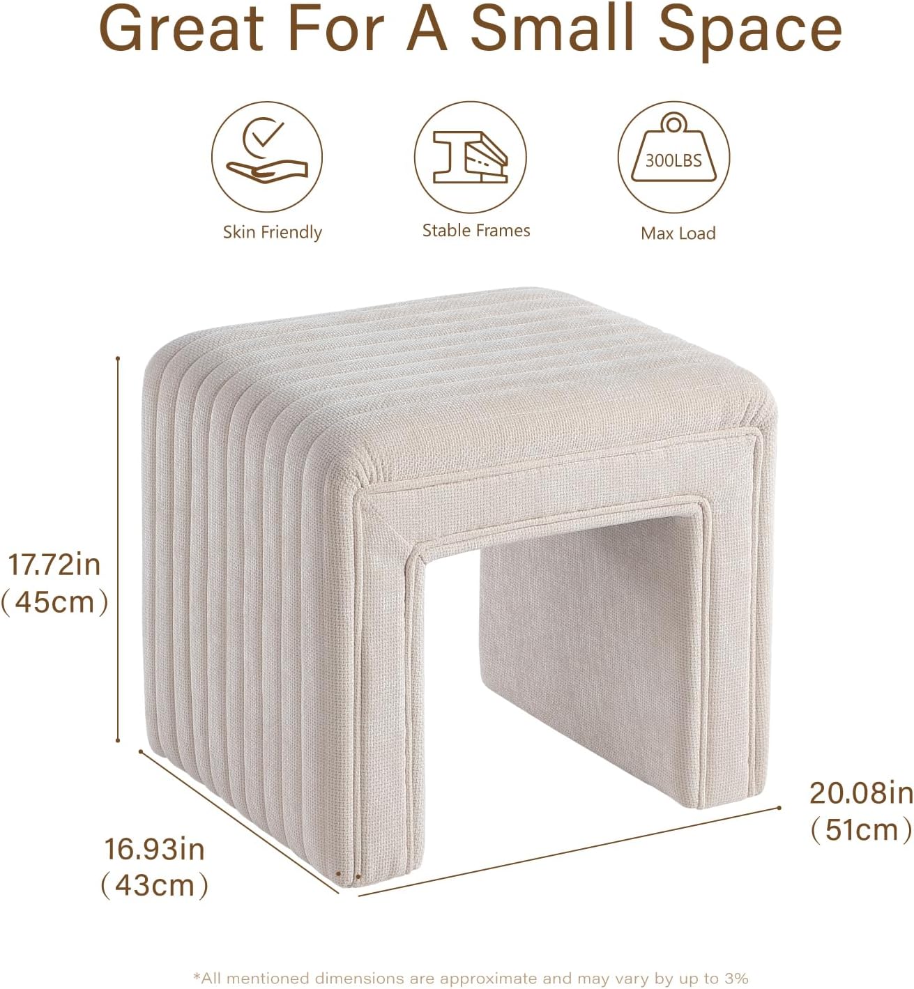 Get Set Style Vanity Stool Chair,Modern Linen Ottoman Foot Stool with Wooden Legs Sofa Bench Footstool Extra Seat for Vanity,Makeup Room,Living Room,Entryway,Office (Fully Assembled) (Beige)