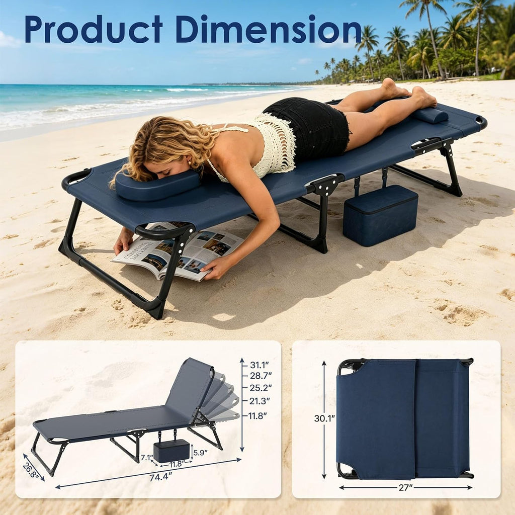 Suteck Tanning Chair with Face Hole, Folding Beach Lounge Chairs, Blue | Adjustable 5-Position Reclining Chaise, Removable Cushion & Pillow, Cooler Bag, 500Lbs Heavy-Duty for Outdoor Camping& Home
