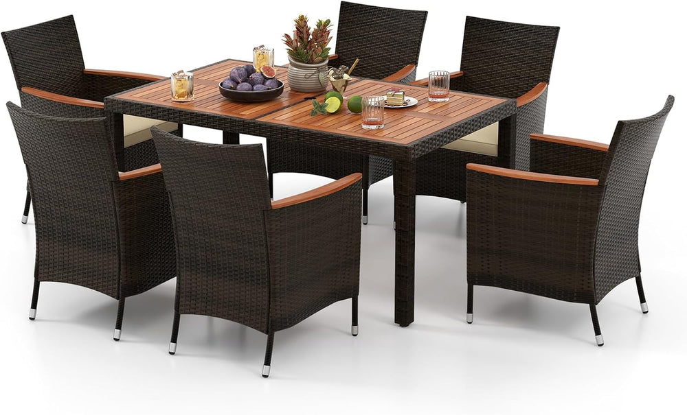 HAPPYGRILL 7 Pieces Rattan Wicker Patio Dining Set, Outdoor Dining Set with C...