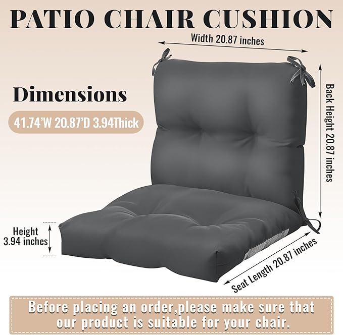 Geetery Outdoor Chair Cushions Set of 4 for Patio Lawn Furniture Wicker Rocking Dining Chairs 42x21x4 Inch High Back Seat Pads Replacement with Ties Weather-Resistant Fade-Resistant Indoor(Dark Gray)