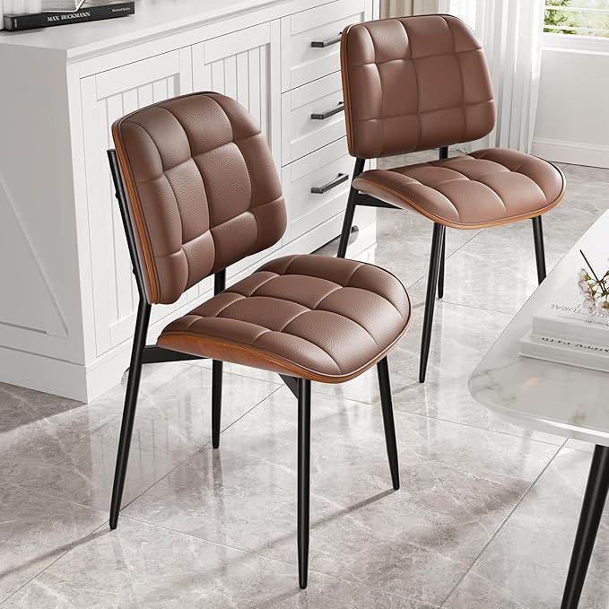 Dining Chair, Mid Century Modern Dining Room Chair, Upholstered Faux Leather Kitchen Chairs with Thick Cushion and Walnut Bentwood Back for Kitchen Dining Room, Coffee