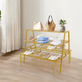 Nesting Tables for Retail Display, 3 Tier Metal Shoe Handbag Display Stand, Modern Retail Display Tables for Boutiques, Floor Standing Double Side Display Riser Shelf for Clothing Stores (Gold)