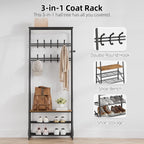 Amyove Coat Rack Shoe Bench with 10 Hooks, Hall Trees Entryway Bench with Storage, Multifunctional Hallway Organizer, Wood Look Accent Furniture with Metal Frame