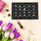 Valyria Velvet 5 Slots Ring Earrings Trays Showcase Display Jewelry Organizer (Black Flat PU Leather)