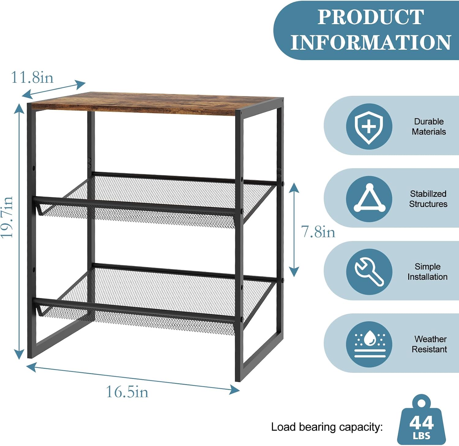 Shoe Rack for Entryway，3 Tier Shoe Storage Organizer，Sturdy Shoe Shelf,Boot Rack with a Fine Mesh Shelves，for Living Room, Hallway，Small Space,11.8 x 16.5 x 19.7 Inches,Brown