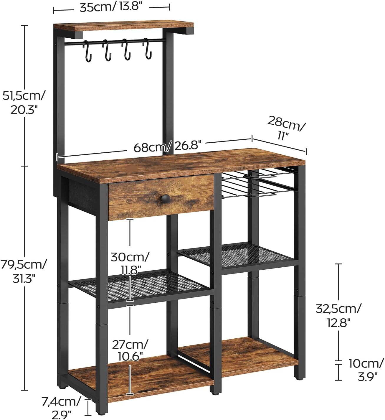 YATINEY Bakers Rack with Storage, 5-Tier Coffee Bar Station with Drawer, Kitchen Coffee Stand with Pod Drawer Holder, for Living Room, Home Cafe, Kitchen, Rustic Brown KF60BRY1