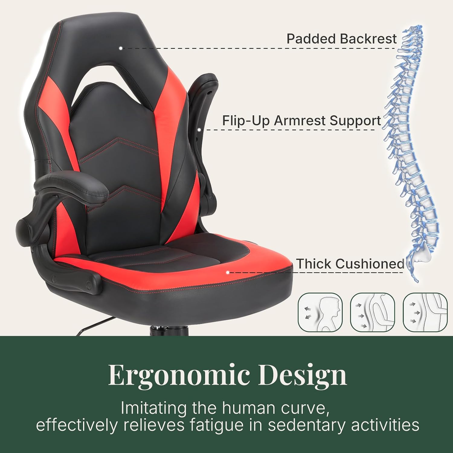 Ergonomic Computer Gaming Chair with Flip-up Armrest, Height Adjustable PU Leather Home Office Desk Chair with Lumbar Support Swivel Wheels and for Adults and Kids, Scarlet Red