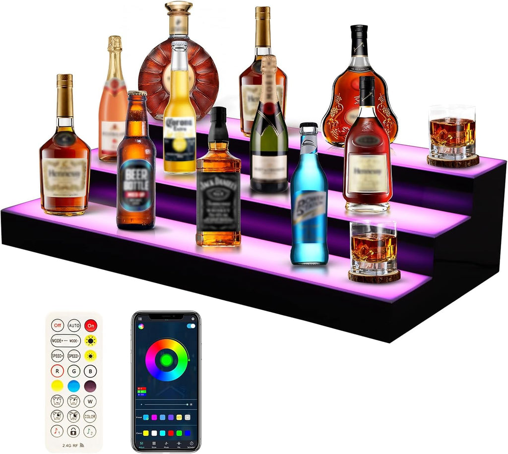 FAHKNS 3 Tiers 16 Inch APP & RF Remote Control LED Lighted Liquor Bottle Display, LED Liquor Shelves, Liquor Bottle Accessories Shelf for Home Bar, 16 Static Colors 4 Dynamic Mode