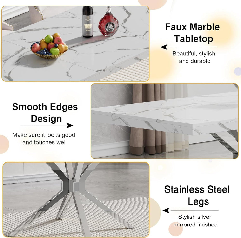 Faux Marble Dining Table Set for 6, Modern Kitchen Table Chairs Set 6, 70&quo...
