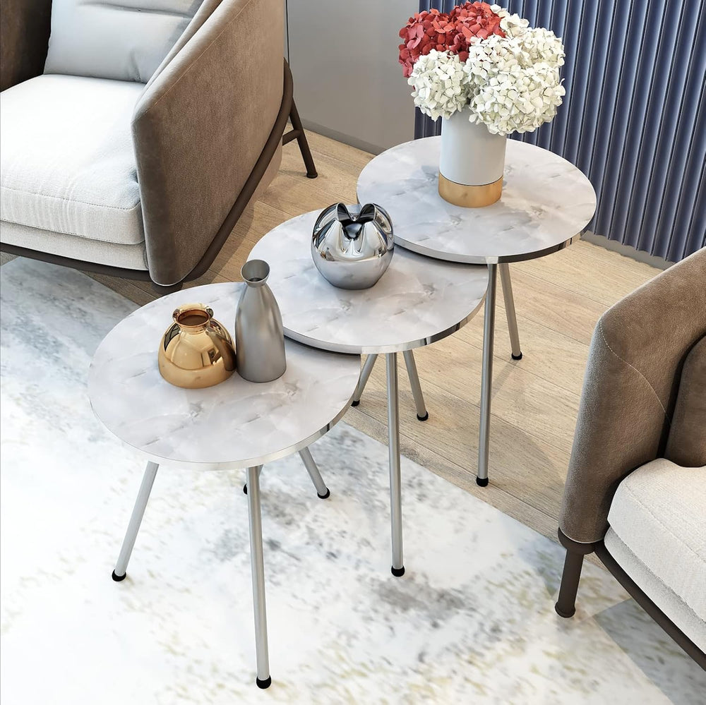 Set of 3 Nesting END Tables - Round Stacking Coffee Side Tables for Small Spa...