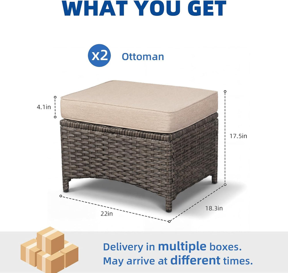 Outdoor Ottoman Set of 2, Rattan Patio Ottoman Footrest Seat with Thickened C...