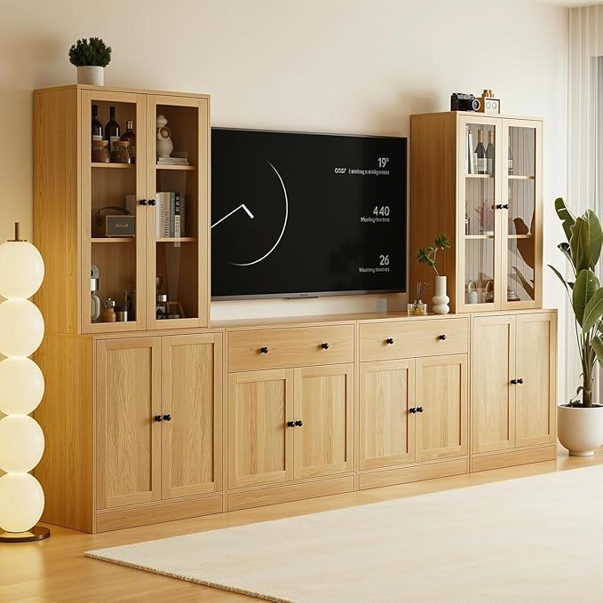 TUSY 71" TV Stand Storage Set - 2 Tall Bookcases & 2 Side Cabinets, Media Console with Glass & Wood Doors, Entertainment Center with Drawers, Tall Media Console for Living Room (Wood, AEEA)