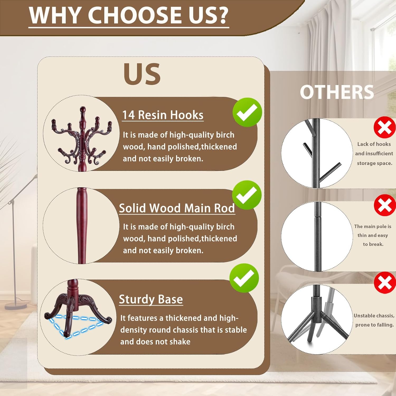 Solid Wooden Coat Rack Stand, Coat Racks Freestanding with 14 Hooks, Natural Birch Wood Coat stands with Sturdy Round Base, Tree Coat Hanger Standing for Entryway Bedroom Office（Redwood triangle2）