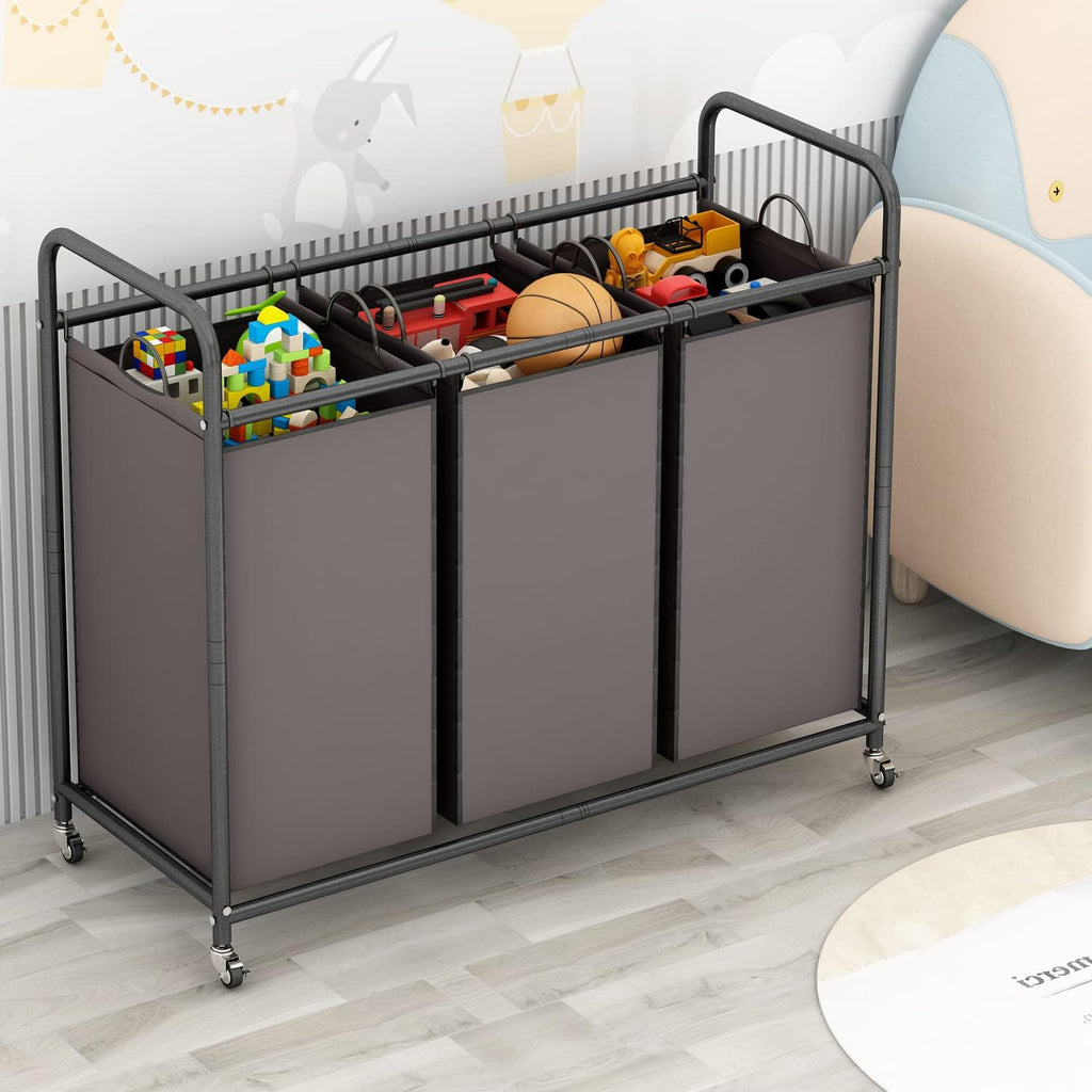 LINZINAR 3-Bag Laundry Sorter,Laundry Hamper Cart with Heavy Duty Rolling Lockable Wheels and Removable Bags (Brown)