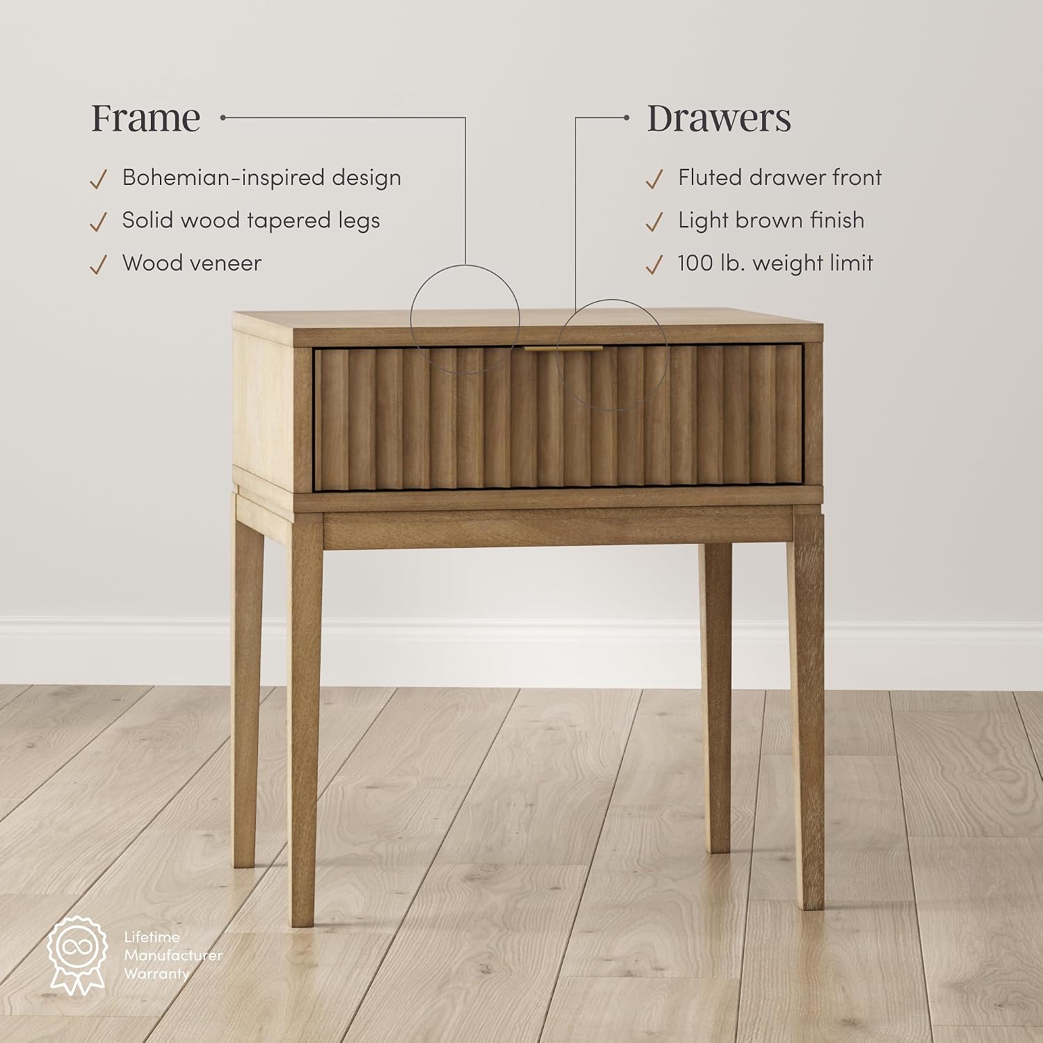 Nathan James Boho Jasper Wood Nightstand with Drawer, Fluted Side Table or End Table with Storage, Light Brown