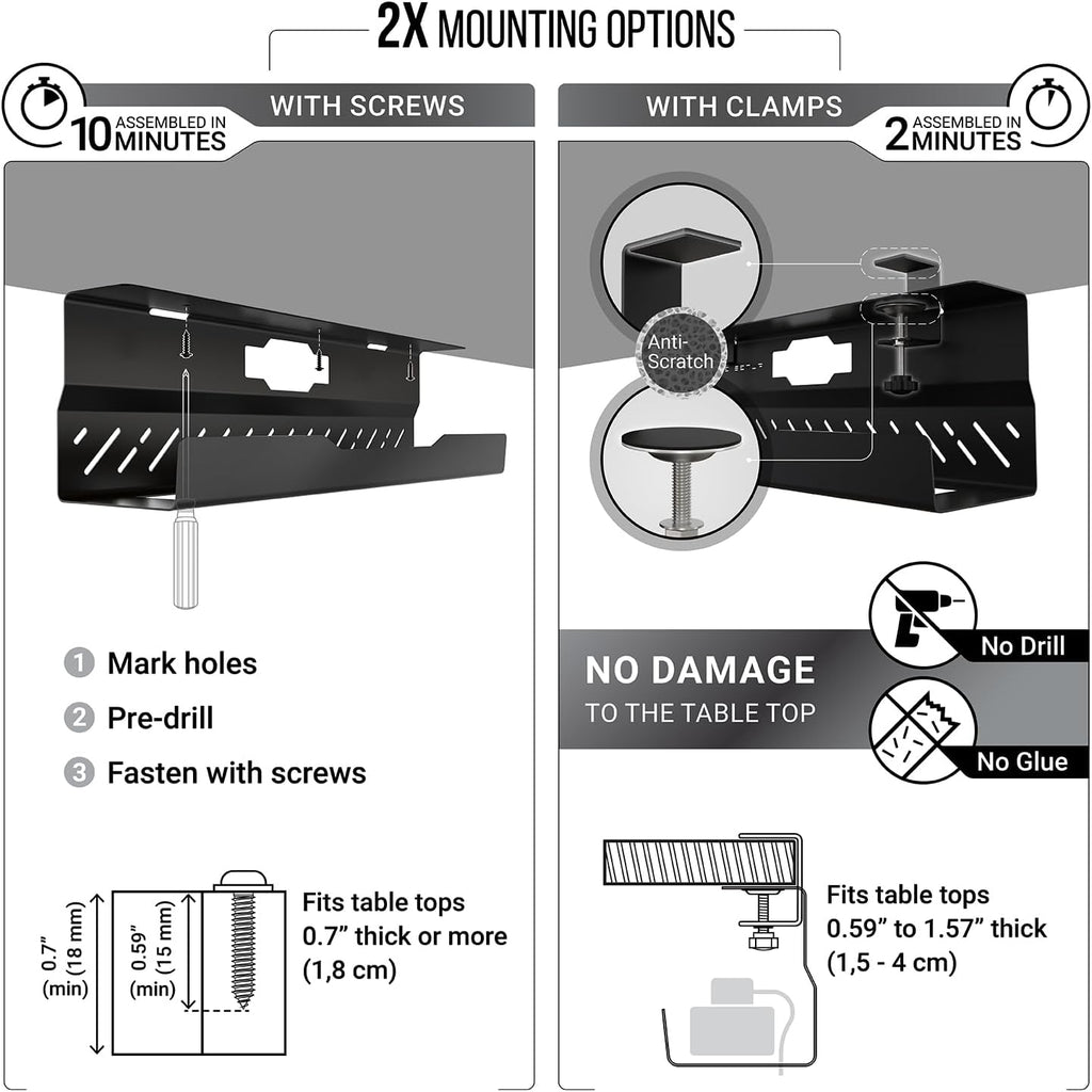 Under Desk Cable Management Tray no Drill – Wire Management - Cord Organizer – Huge Load Capacity – Under Desk Cable Tray no Drill (Black, 1 Piece Set)