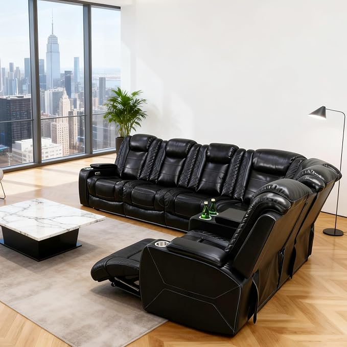 Power Reclining Sectional Sofa for Living Room,Modern L-Shaped Black Air Leather Sectional Couch Set,Recliner Sofa Set,with LED Lights,Cup Holder,Storage,Charging Ports,Home Theater Seat