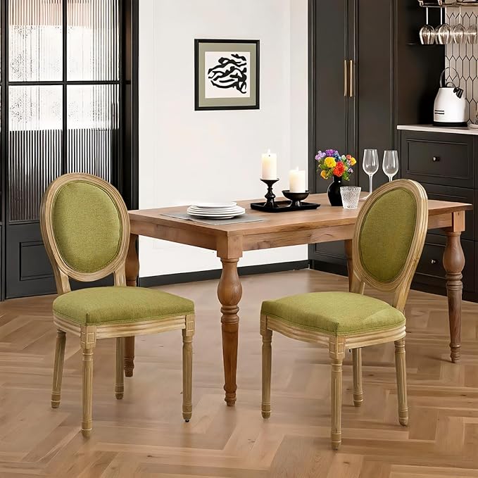 French Country Dining Chairs Set of 6,Farmhouse Upholstered Dining Room Chairs with Round Back and Solid Leg,Fabric Kitchen Side Chairs for Kitchen/Bedroom/Dining Room,Green