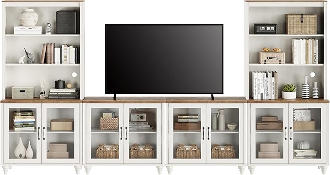 WAMPAT Entertainment Center with Bookshelves for TVs up to 75", Farmhouse Wall Unit TV Stand with Glass Doors, Media Console Table for Living Room, Bedroom & Home Theater, White