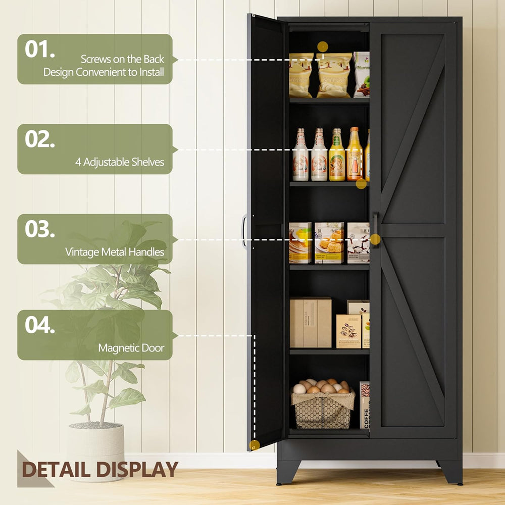 RAVIGIN Farmhouse Storage Cabinet,75" H Metal Pantry Cabinet with Barn D...