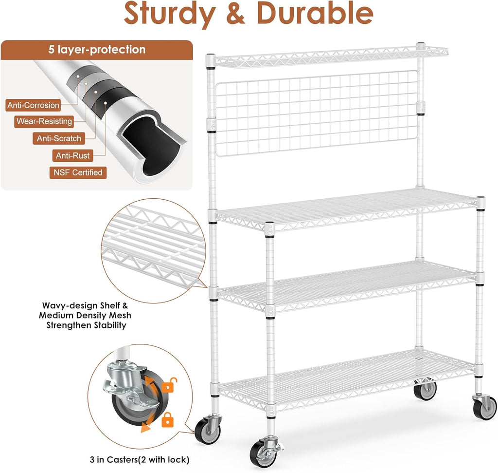 Leteuke Bakers Rack with Storage & Wheels, 42 Inch Microwave Stand Kitchen Shelves, 4-Tier Heavy Duty Microwave Cart Storage Rack with 20 S-Hooks, Metal Utility Kitchen Cart, 42× 18× 63 Inch, White