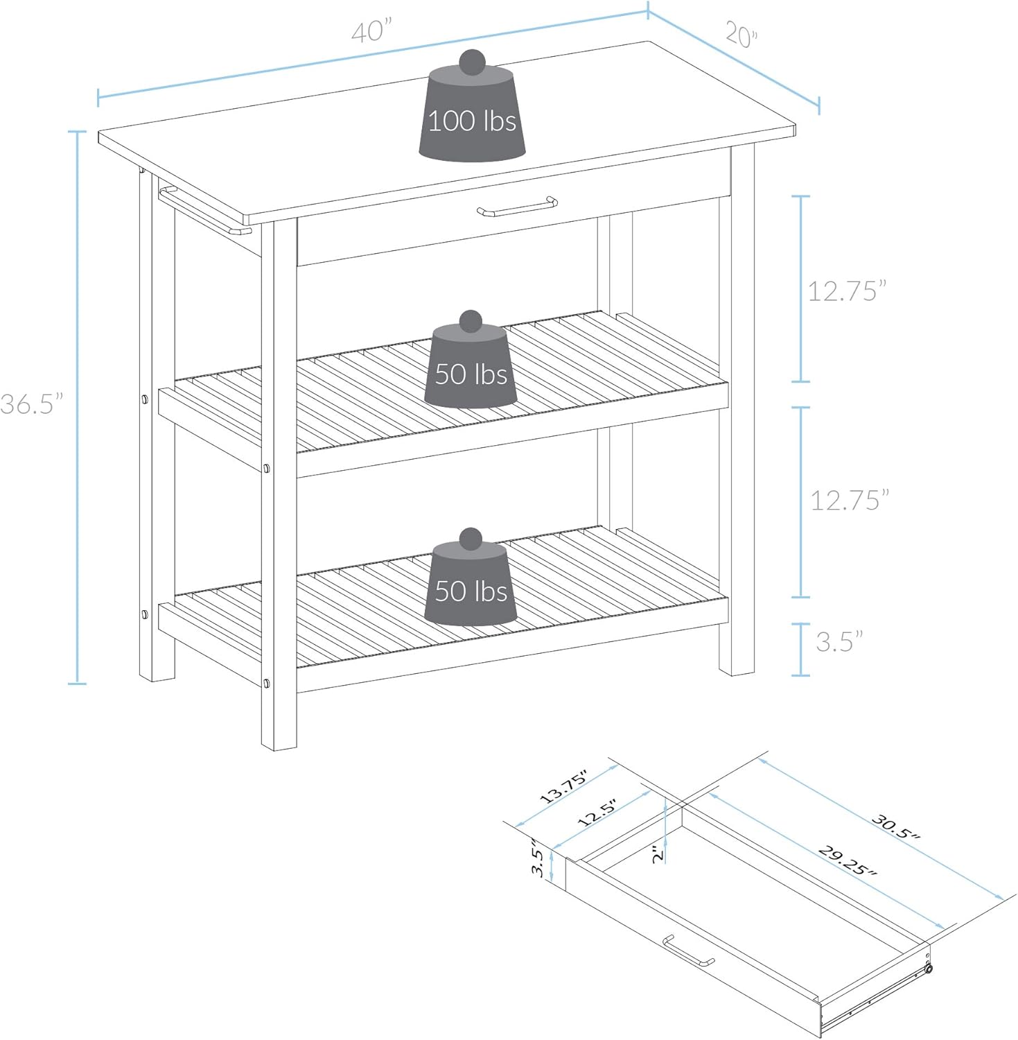 Casual Home Kitchen Island with Solid American Hardwood Top, Natural/White, 40" W (373-91)