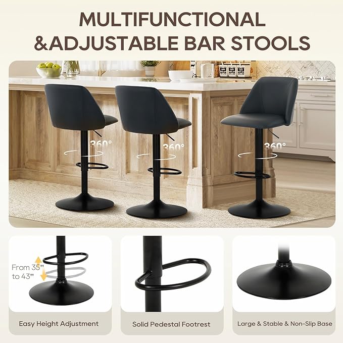 COLAMY Bar Stools Set of 2, Modern Swivel Bar Chairs, Adjustable PU Leather U...