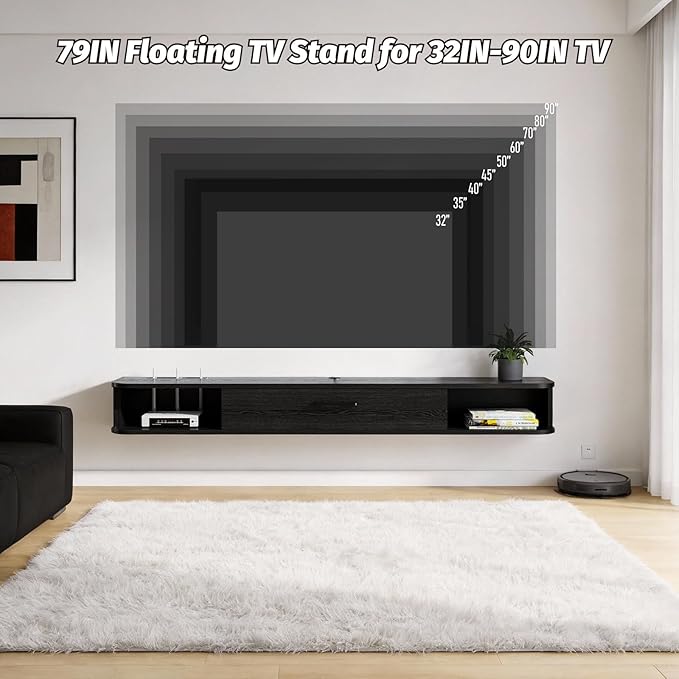 Floating TV Unit, 55'' Wall Mounted TV Cabinet, Floating Shelves with Door, Modern Entertainment Media Console Center Large Storage TV Bench for Living Room & Office (55.12IN, Black)