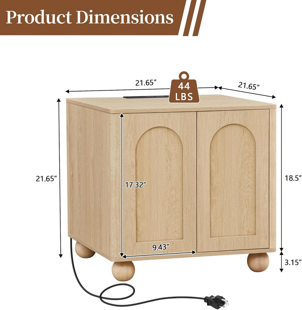 Bed Side Table with Charging Station, Mid Century Modern Nightstand with 2 Doors, Square End Table with Storage for Couch,Living Room,Small Spaces, Sofa Side Table for Office,Dorm - Natural