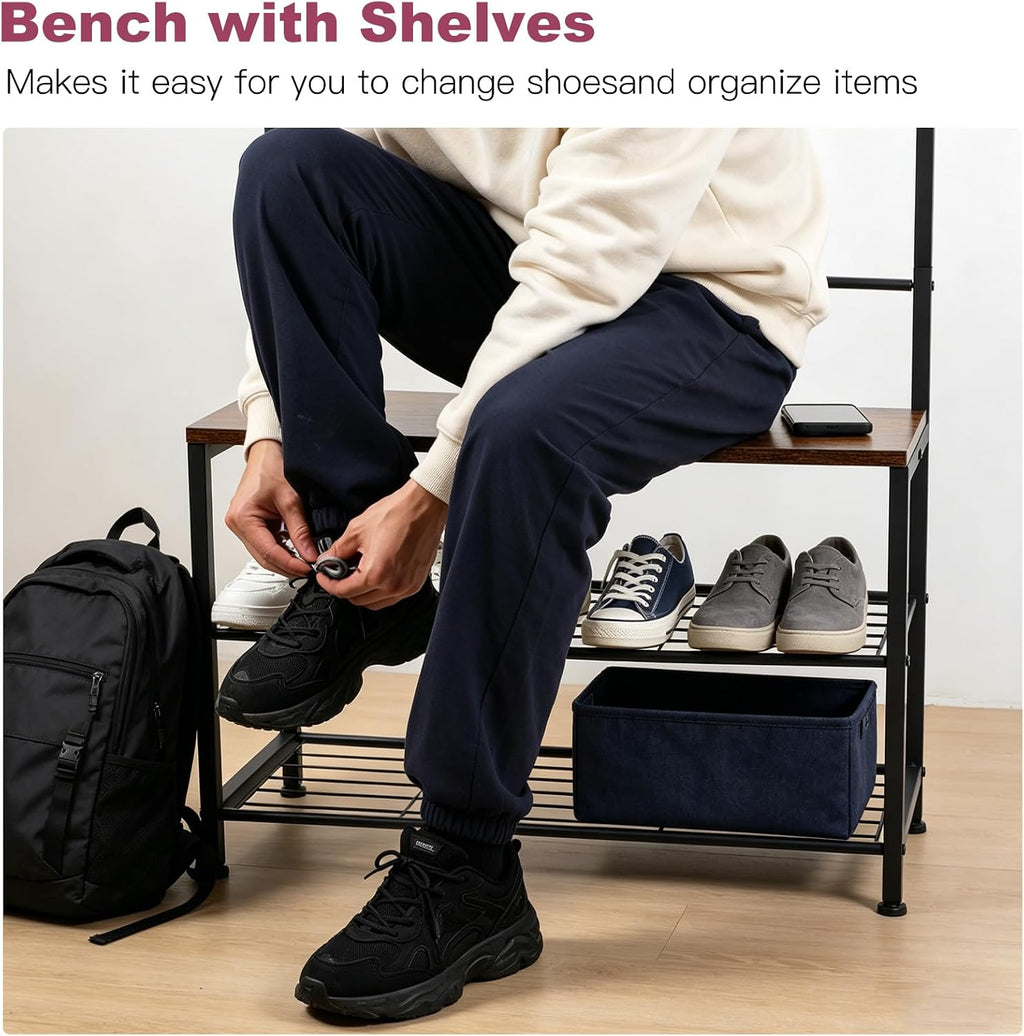Hall Tree Coat Rack with Bench and Shoe Storage, 3-in-1 Entryway Organizer with Top Hook Rail, Wooden Seat and 2-Tier Shoe Rack, Freestanding Coat Rack for Hallway, Bedroom, and doorway