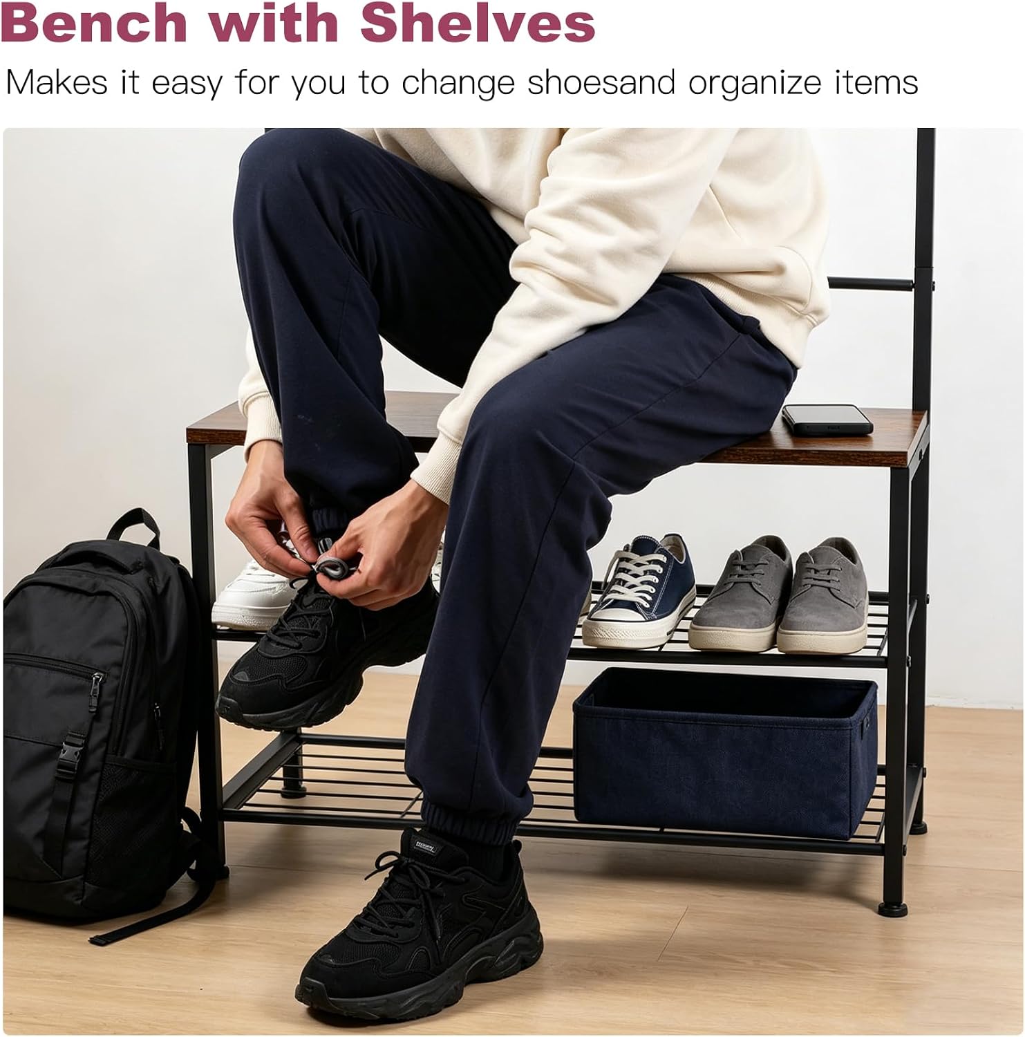 Hall Tree Coat Rack with Bench and Shoe Storage, 3-in-1 Entryway Organizer with Top Hook Rail, Wooden Seat and 2-Tier Shoe Rack, Freestanding Coat Rack for Hallway, Bedroom, and doorway