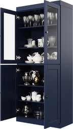Palace Imports Solid Wood Tall Pantry Cabinet – 71.5" H x 32" W – Navy Blue Wooden Storage Cabinet for Kitchen w/Clear Glass/Shaker Doors, 4 Adjustable Shelves, 100% Eco-Friendly Wood, Made in Brazil