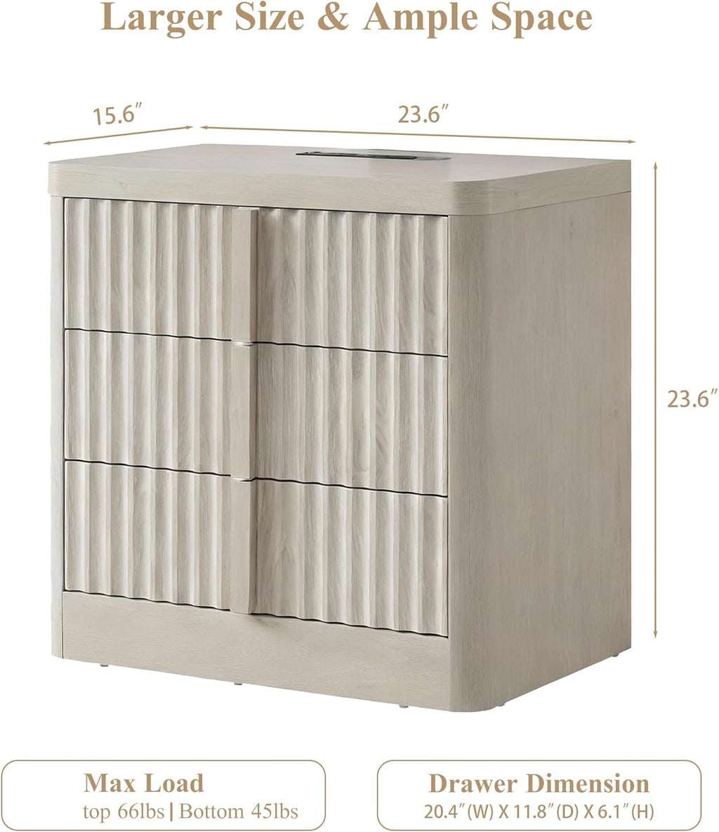 23.6" Nightstand Set of 2 with Charging Station, Side Table with 3 Large Storage Drawers, Mid Century Modern Night Stand with Solid Wood Handle, Bedside End Table for Bedroom, Living Room