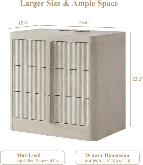 23.6" Nightstand Set of 2 with Charging Station, Side Table with 3 Large Storage Drawers, Mid Century Modern Night Stand with Solid Wood Handle, Bedside End Table for Bedroom, Living Room