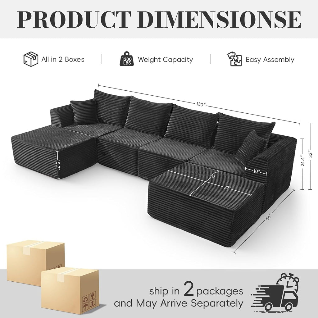 130" Modular Sectional Sofa,Modular Cloud Sofa,U-Shaped Cloud Couch with High-Density Foam & Corduroy Fabric,Boneless Couch Deep Seat Couch for Living Room Apartments Bedroom No Assembly Required ﻿