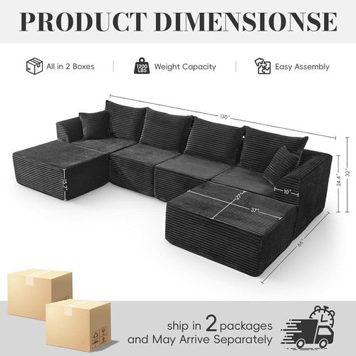 130" Modular Sectional Sofa,Modular Cloud Sofa,U-Shaped Cloud Couch with High-Density Foam & Corduroy Fabric,Boneless Couch Deep Seat Couch for Living Room Apartments Bedroom No Assembly Required ﻿