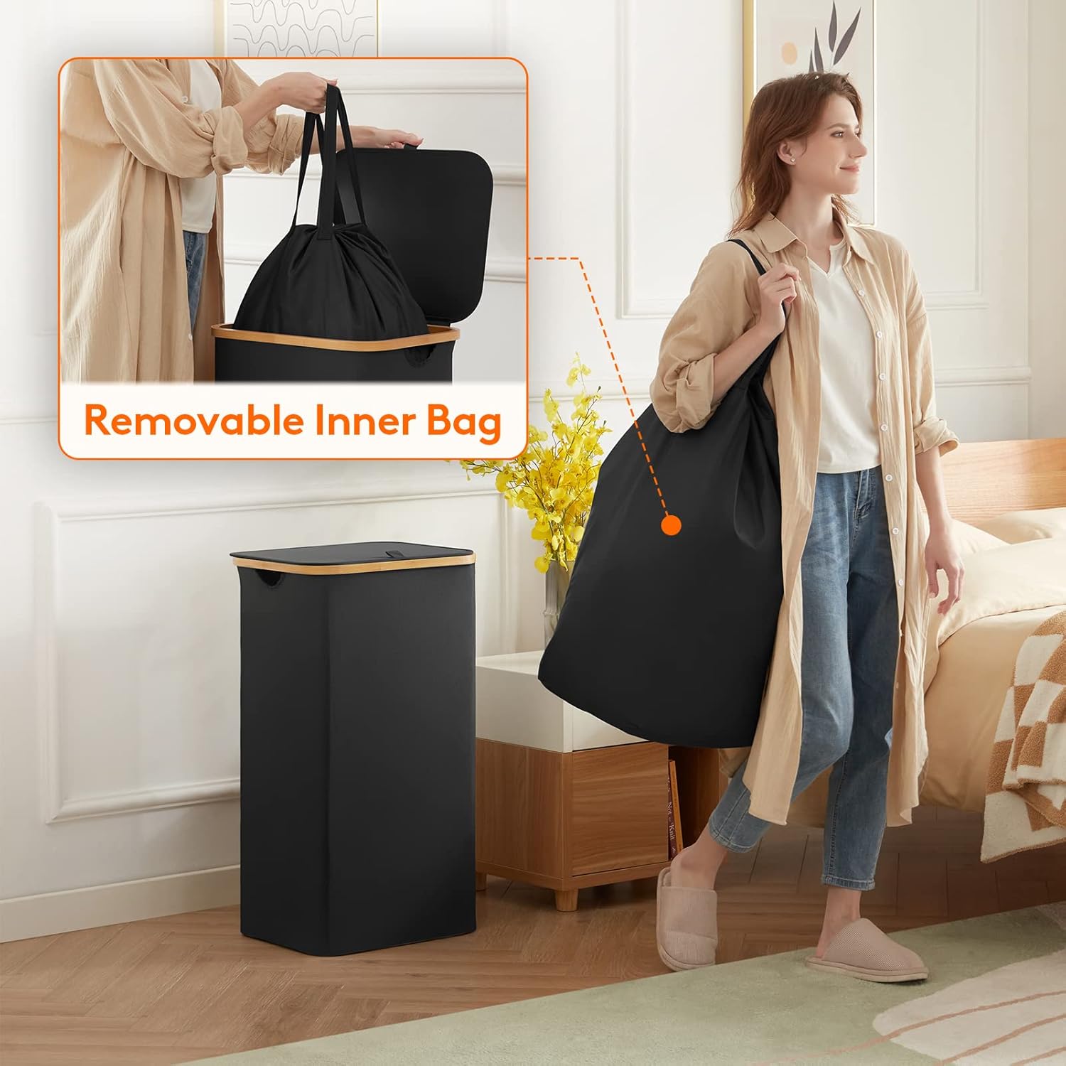 Lifewit 100L Laundry Basket with Lid, Clothes Hampers for Laundry with Bamboo Handles and A Removable Bag, Large Foldable Laundry Hamper for Bedroom, Bathroom, Dorm, Laundry Room, Black
