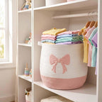 Large Baby Laundry Hamper, Pink Bow Laundry Basket for Baby Girl, Toy and Blanket Storage Basket for Nursery and Playroom, Cotton Rope Hamper for Kids, 17.7"x15.7"