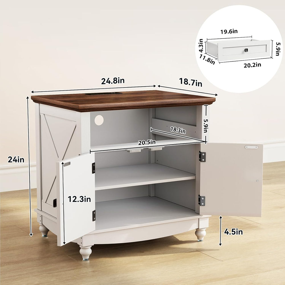 Farmhouse End Table with Charging Station, 24inch White Nightstand with Door ...
